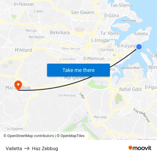 Valletta to Haz Zebbug map