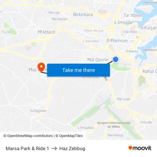 Marsa Park & Ride 1 to Haz Zebbug map