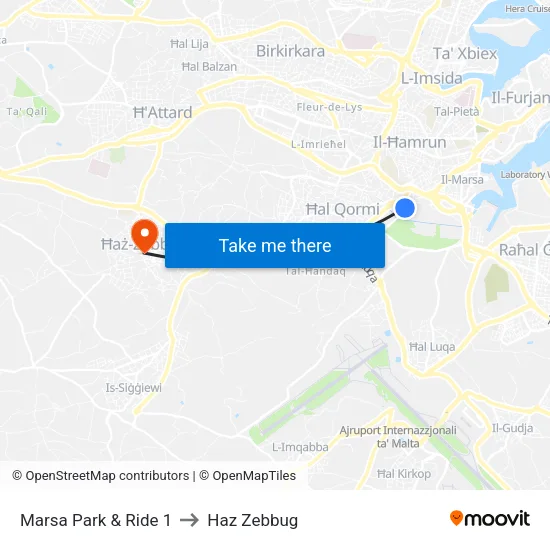 Marsa Park & Ride 1 to Haz Zebbug map