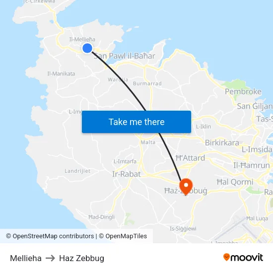 Mellieha to Haz Zebbug map
