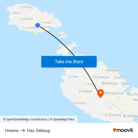 Hniena to Haz Zebbug map