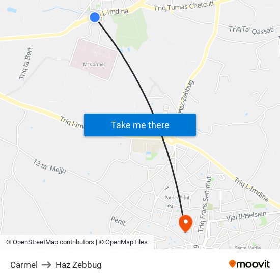 Carmel to Haz Zebbug map