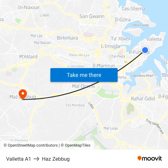 Valletta A1 to Haz Zebbug map
