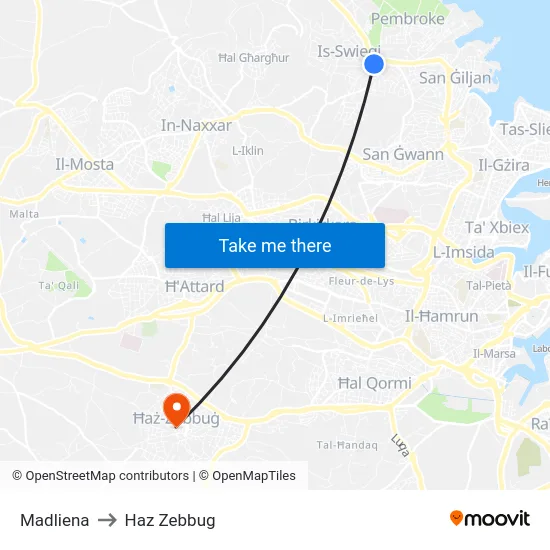 Madliena to Haz Zebbug map