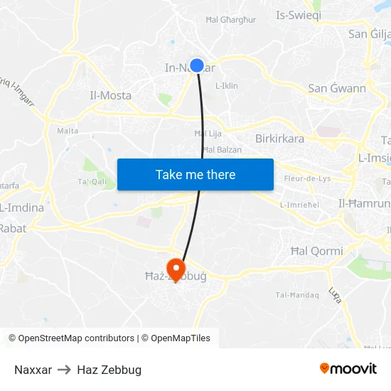 Naxxar to Haz Zebbug map
