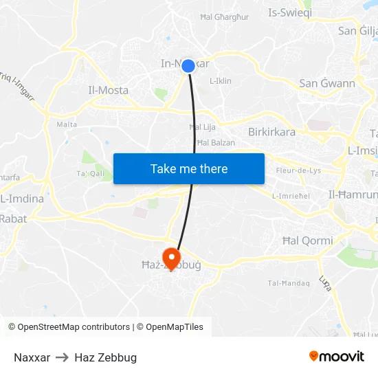 Naxxar to Haz Zebbug map