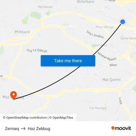 Zernieq to Haz Zebbug map