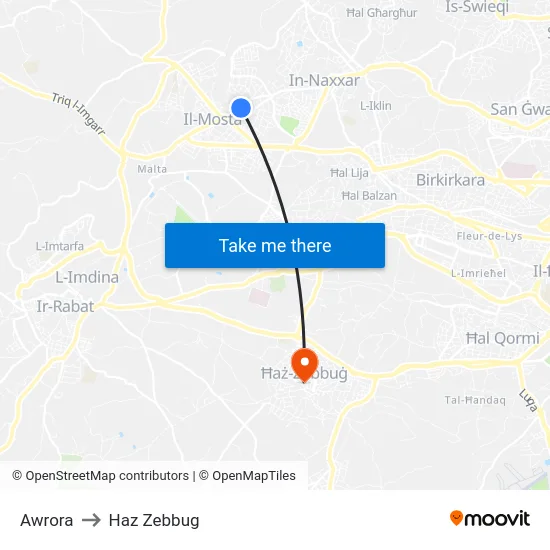 Awrora to Haz Zebbug map