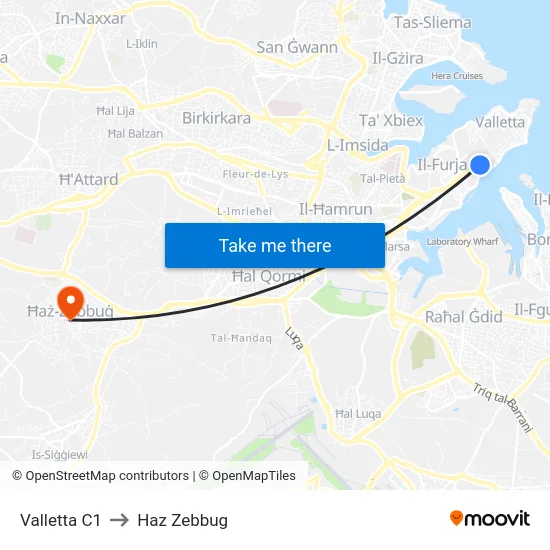 Valletta C1 to Haz Zebbug map