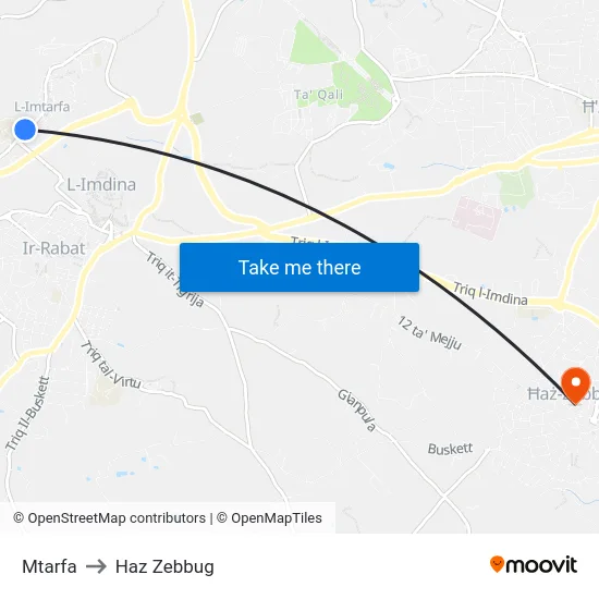 Mtarfa to Haz Zebbug map