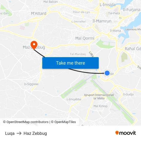 Luqa to Haz Zebbug map