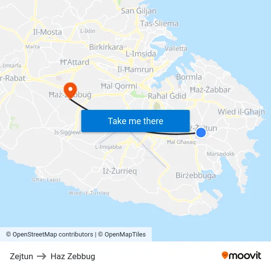 Zejtun to Haz Zebbug map