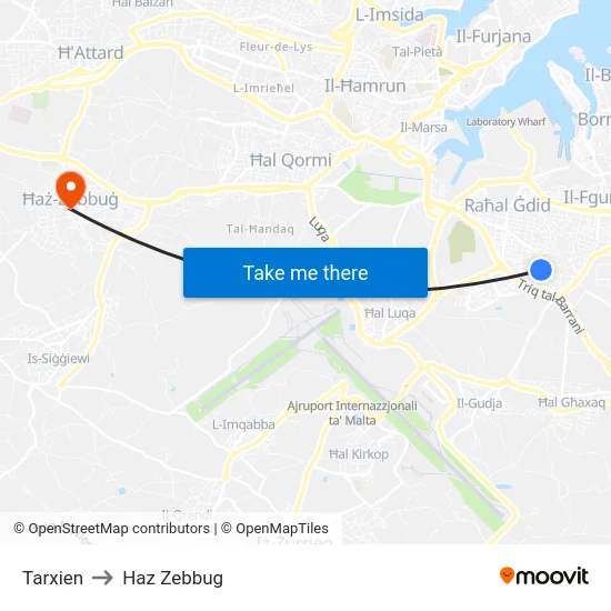 Tarxien to Haz Zebbug map