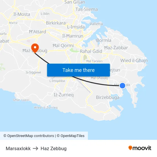 Marsaxlokk to Haz Zebbug map