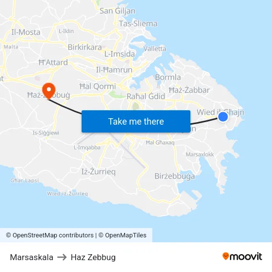 Marsaskala to Haz Zebbug map