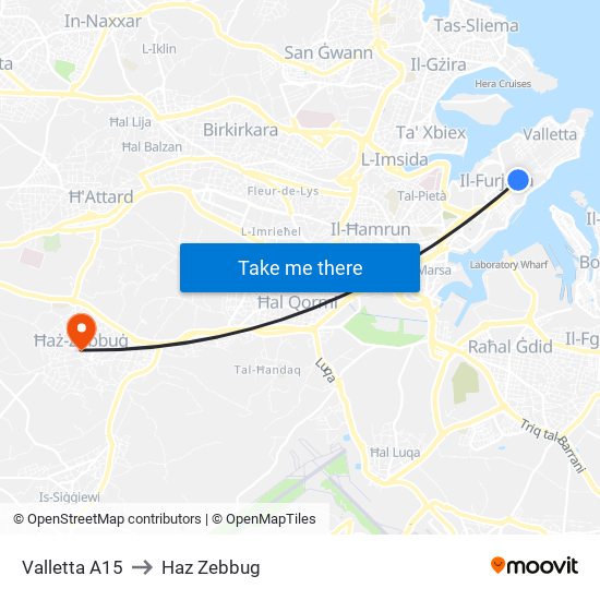 Valletta A15 to Haz Zebbug map