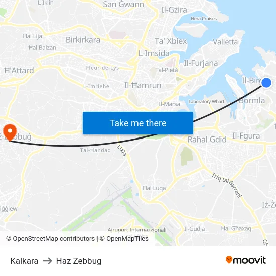 Kalkara to Haz Zebbug map
