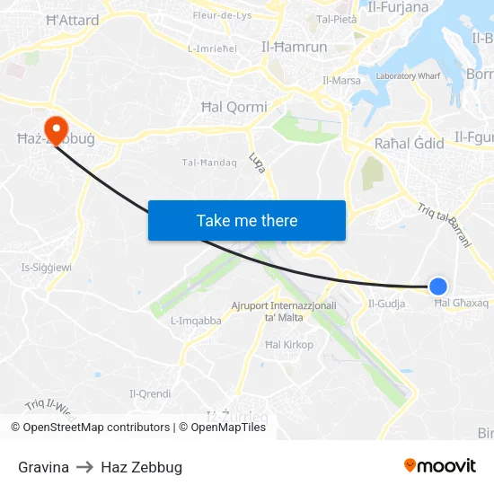 Gravina to Haz Zebbug map