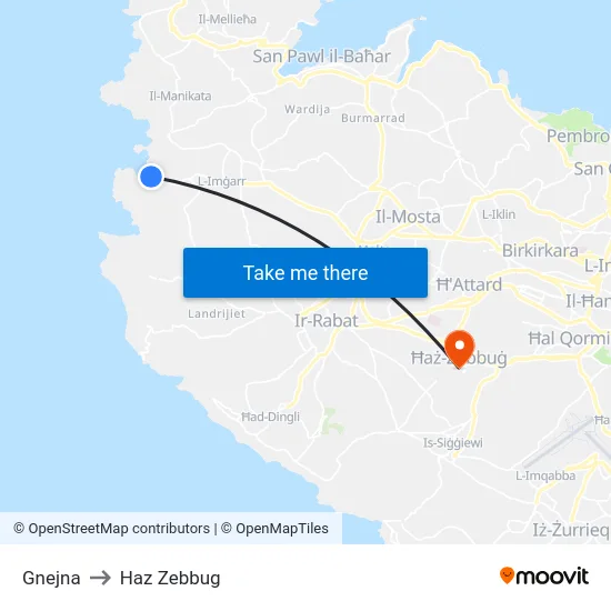 Gnejna to Haz Zebbug map