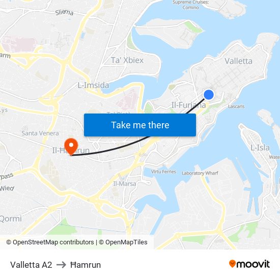 Valletta A2 to Ħamrun map