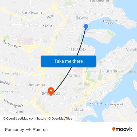 Ponsonby to Ħamrun map