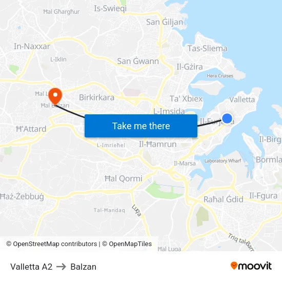 Valletta A2 to Balzan map