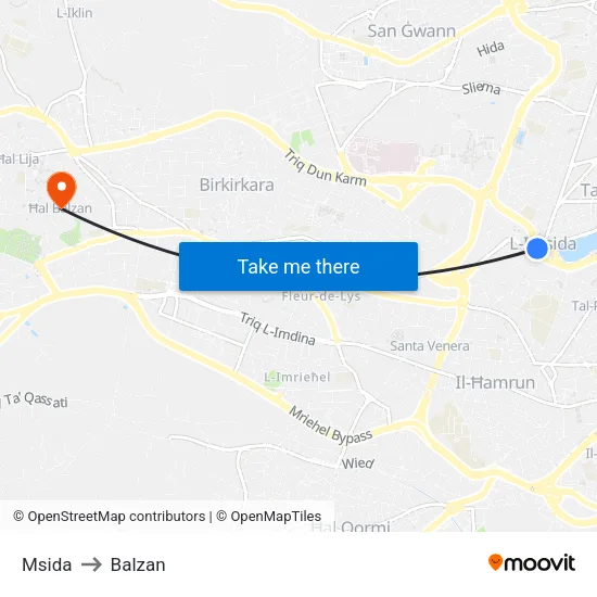 Msida to Balzan map