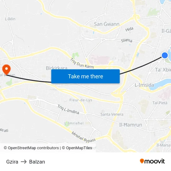 Gzira to Balzan map
