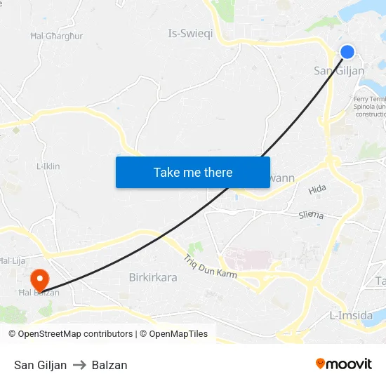San Giljan to Balzan map