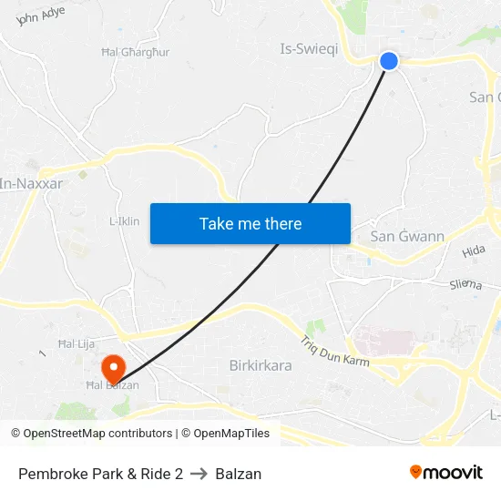 Pembroke Park & Ride 2 to Balzan map