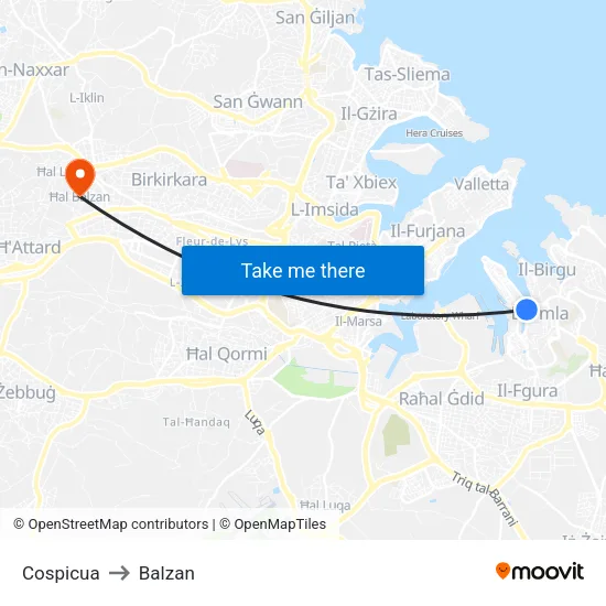 Cospicua to Balzan map