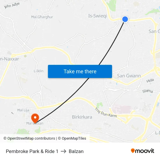 Pembroke Park & Ride 1 to Balzan map