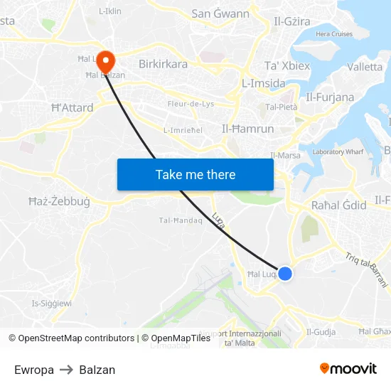 Ewropa to Balzan map