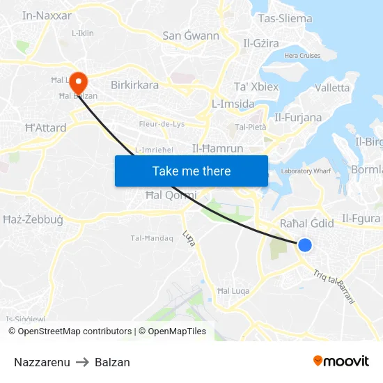 Nazzarenu to Balzan map