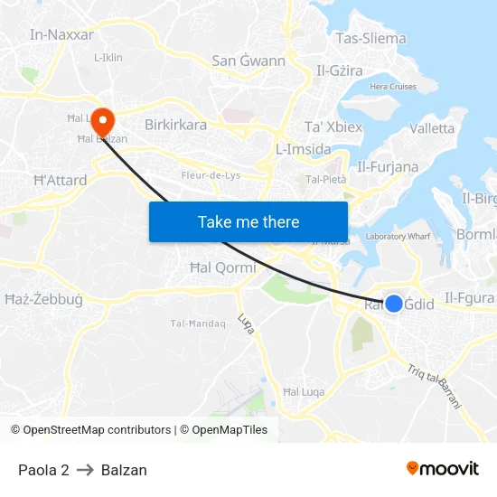 Paola 2 to Balzan map