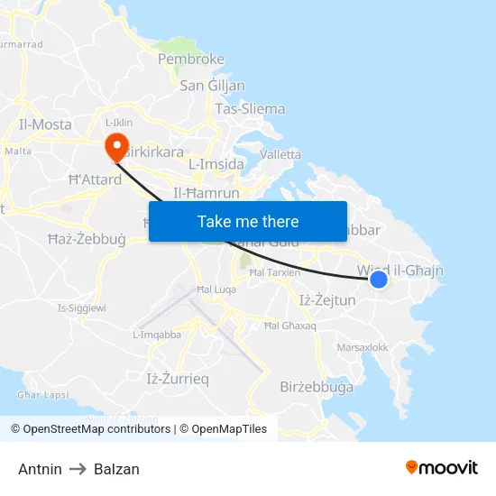 Antnin to Balzan map