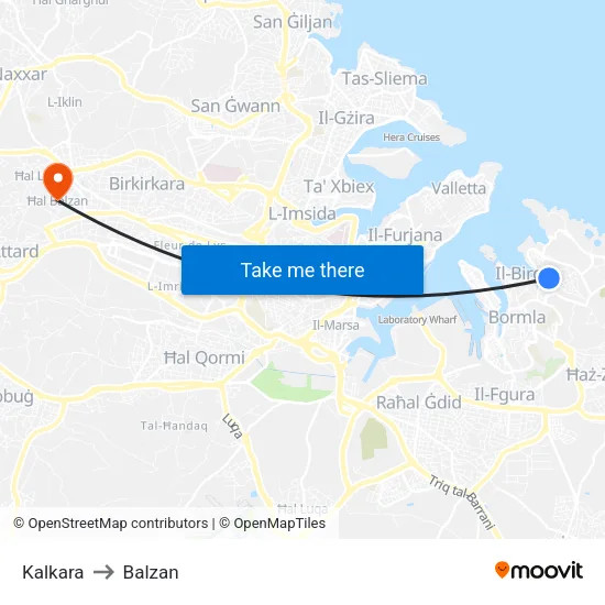 Kalkara to Balzan map