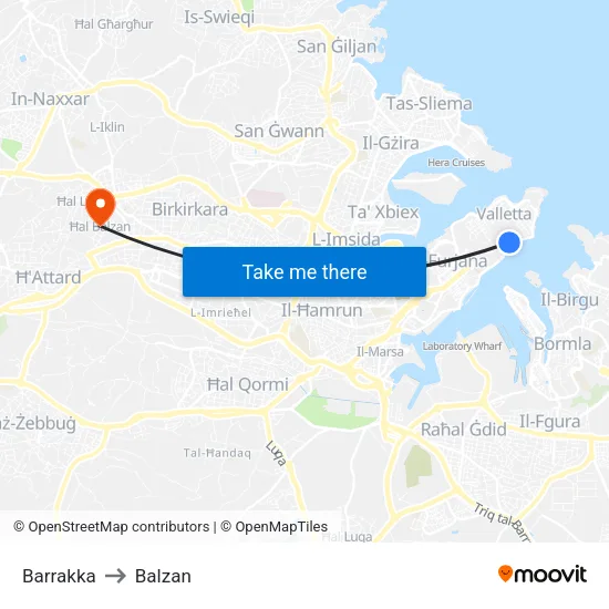Barrakka to Balzan map