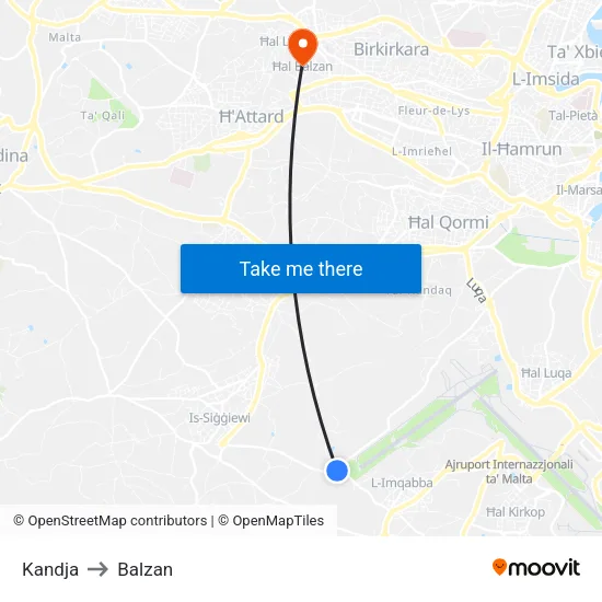 Kandja to Balzan map