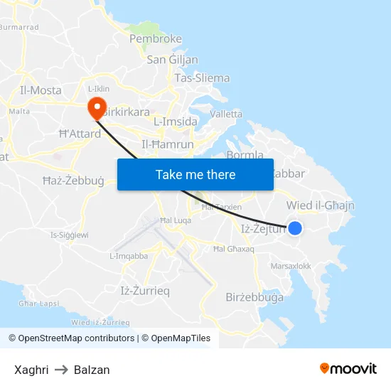 Xaghri to Balzan map