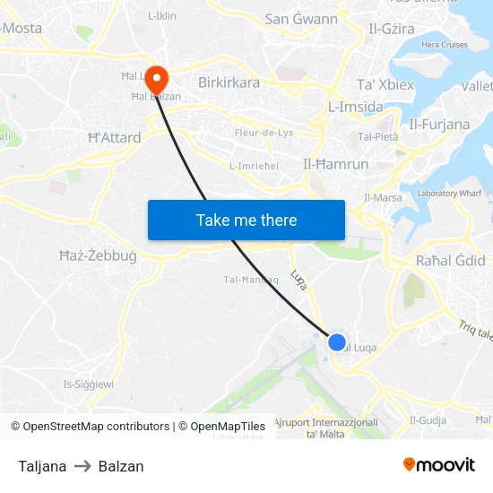 Taljana to Balzan map