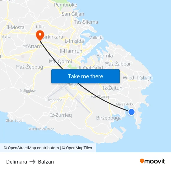 Delimara to Balzan map