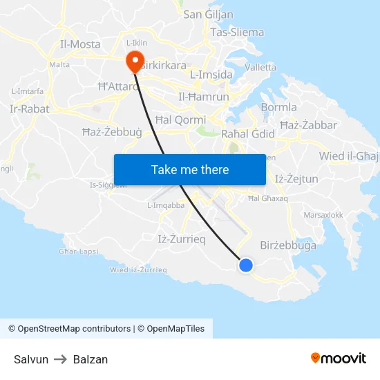 Salvun to Balzan map