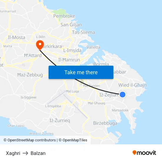 Xaghri to Balzan map