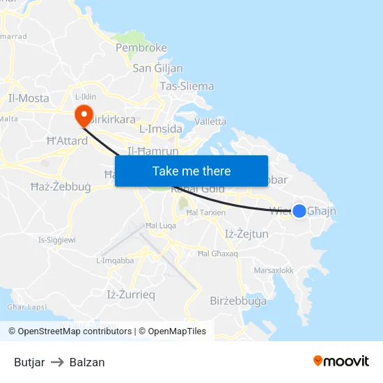 Butjar to Balzan map