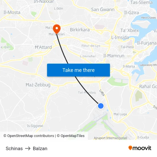 Schinas to Balzan map