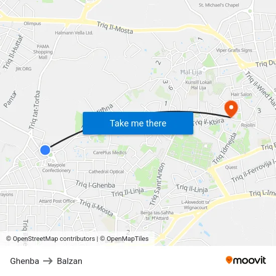 Ghenba to Balzan map