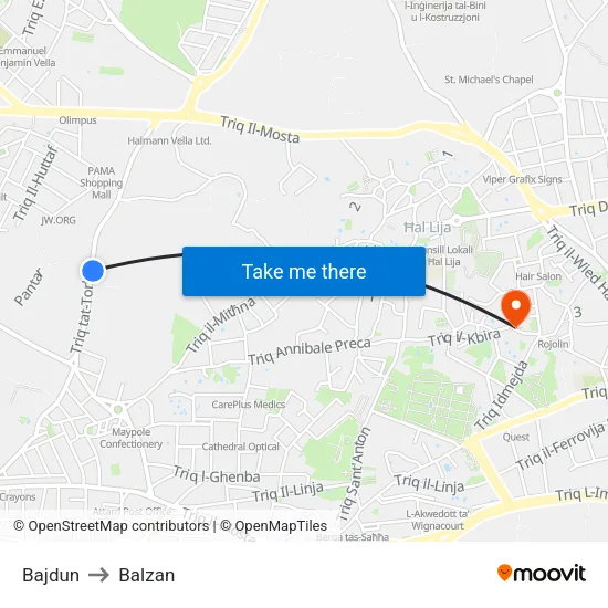 Bajdun to Balzan map