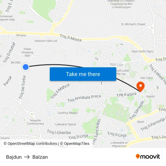 Bajdun to Balzan map