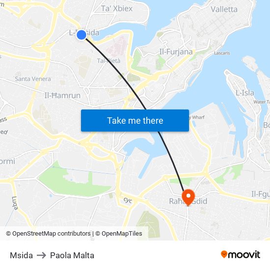 Msida to Paola Malta map